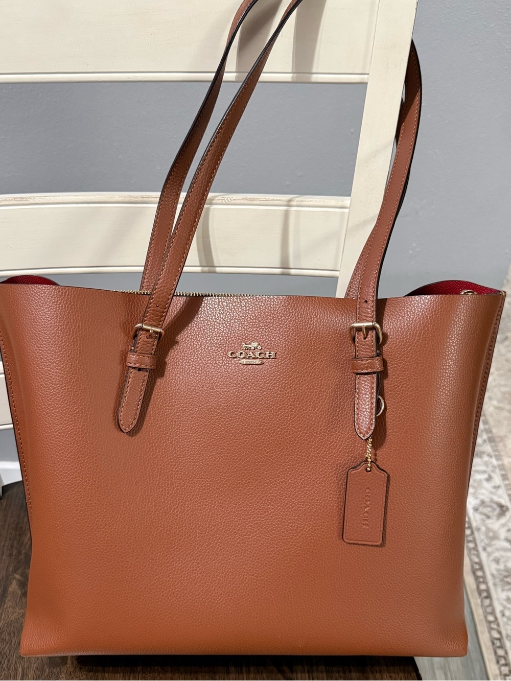 Coach Pebbled Leather Tote in Cognac Brown with Red Trim